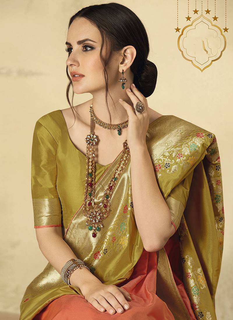Women's Linen Blend Peach Printed Designer Saree With Blouse Piece