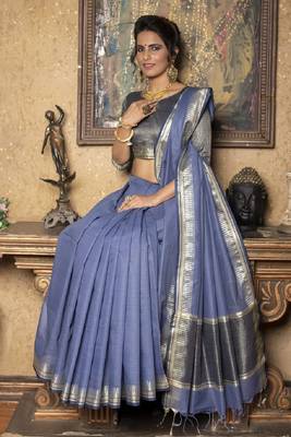 Blue plain linen saree with blouse 1