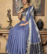 Blue plain linen saree with blouse