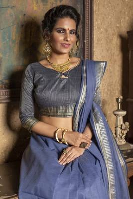 Blue plain linen saree with blouse 2