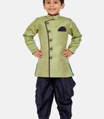 Green plain blended cotton boys-sherwani