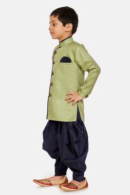 Green plain blended cotton boys-sherwani 2