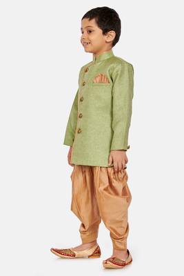 Green plain blended cotton boys-sherwani 2
