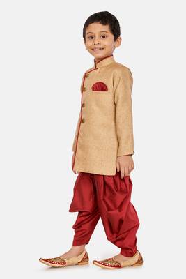 Beige plain blended cotton boys-sherwani 2