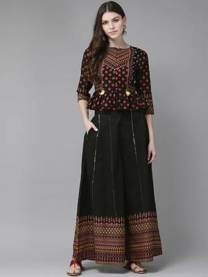 Black Cambric Printed Peplum Crop-Top with Palazzo 1