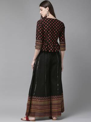 Black Cambric Printed Peplum Crop-Top with Palazzo 2