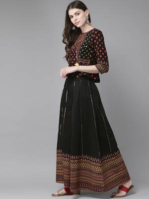 Black Cambric Printed Peplum Crop-Top with Palazzo 3