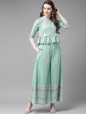 Mint Cambric Printed Peplum Crop-Top with Palazzo 1