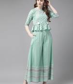 Mint Cambric Printed Peplum Crop-Top with Palazzo