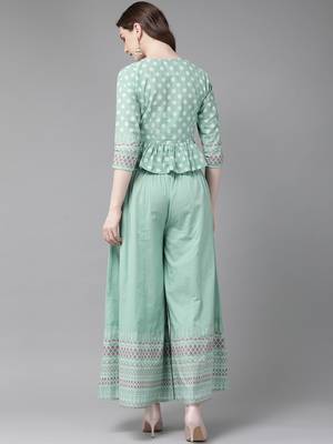 Mint Cambric Printed Peplum Crop-Top with Palazzo 2