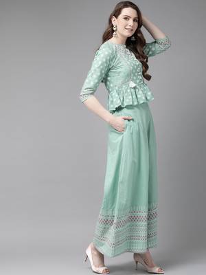 Mint Cambric Printed Peplum Crop-Top with Palazzo 3