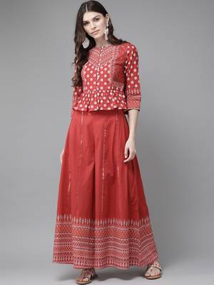 Red Cambric Printed Peplum Crop-Top with Palazzo 1