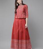 Red Cambric Printed Peplum Crop-Top with Palazzo