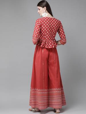 Red Cambric Printed Peplum Crop-Top with Palazzo 2