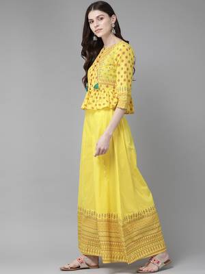Yellow Cambric Printed Peplum Crop-Top with Palazzo 3