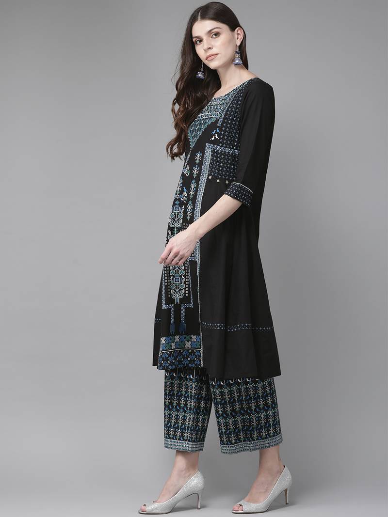 Black Ethnic Motifs Thread Embroidered A-Line Jacquard Kurta, Palazzo and Dupatta Set