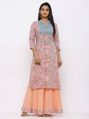 Peach Cambric Printed Straight Kurta with Skirt 1