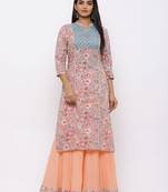Peach Cambric Printed Straight Kurta with Skirt