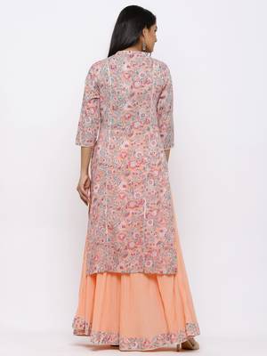 Peach Cambric Printed Straight Kurta with Skirt 2