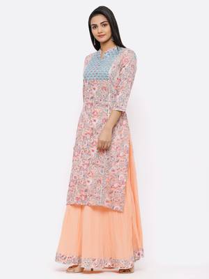 Peach Cambric Printed Straight Kurta with Skirt 3