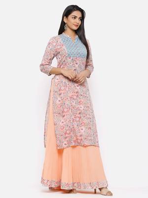 Peach Cambric Printed Straight Kurta with Skirt 4