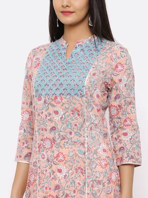 Peach Cambric Printed Straight Kurta with Skirt 5