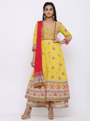 Mustard Cambric Printed Anarkali Kurta with Dupatta 1