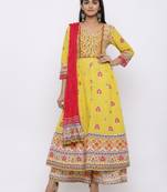 Mustard Cambric Printed Anarkali Kurta with Dupatta
