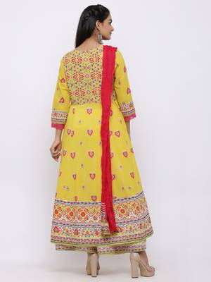 Mustard Cambric Printed Anarkali Kurta with Dupatta 2