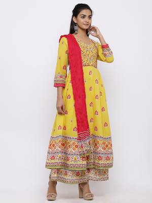 Mustard Cambric Printed Anarkali Kurta with Dupatta 3