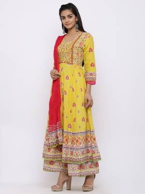 Mustard Cambric Printed Anarkali Kurta with Dupatta 4