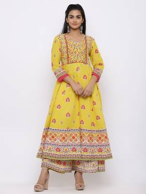 Mustard Cambric Printed Anarkali Kurta with Dupatta 5