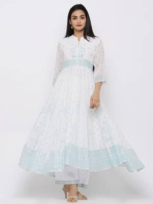 White Georgette Printed Anarkali Kurta with Palazzo 1