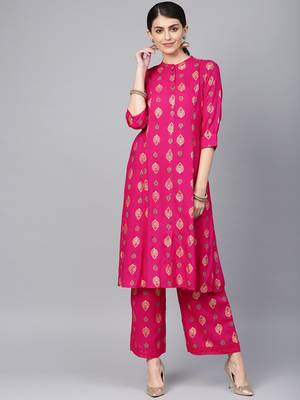 Fuschia Rayon Printed A-Line Kurta Palazzo Set 1