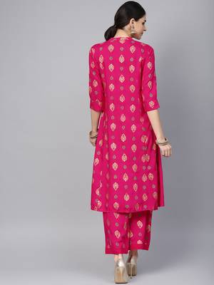 Fuschia Rayon Printed A-Line Kurta Palazzo Set 2