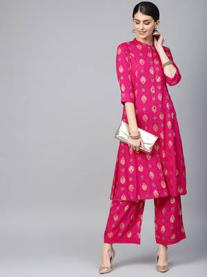 Fuschia Rayon Printed A-Line Kurta Palazzo Set 3
