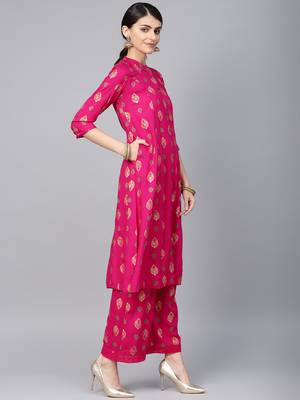 Fuschia Rayon Printed A-Line Kurta Palazzo Set 4
