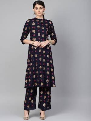 Navy Rayon Printed A-Line Kurta Palazzo Set 1