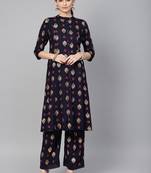 Navy Rayon Printed A-Line Kurta Palazzo Set