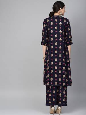 Navy Rayon Printed A-Line Kurta Palazzo Set 2