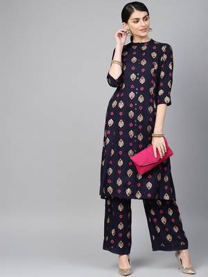 Navy Rayon Printed A-Line Kurta Palazzo Set 3