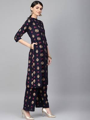 Navy Rayon Printed A-Line Kurta Palazzo Set 4