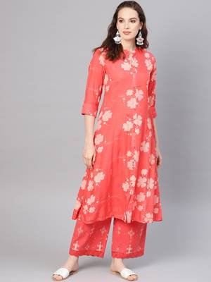 orange Rayon Printed A-Line Kurta Palazzo Set 1