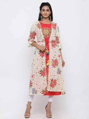 Beige Rayon Embroidered Jacket Style Kurta 1