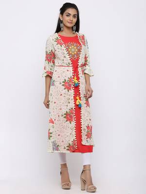 Beige Rayon Embroidered Jacket Style Kurta 3