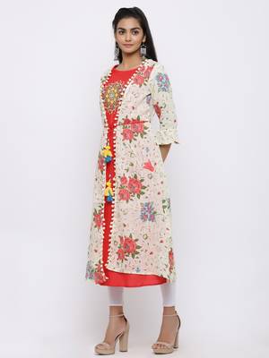 Beige Rayon Embroidered Jacket Style Kurta 4