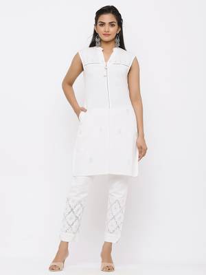 White Rayon Flex Embellished Straight Kurta with Pants 1