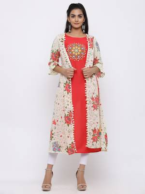 Beige Rayon Embroidered Jacket Style Kurta 5