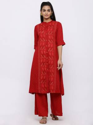 Red Rayon Slub Printed A-line Kurta 1