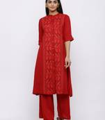 Red Rayon Slub Printed A-line Kurta
